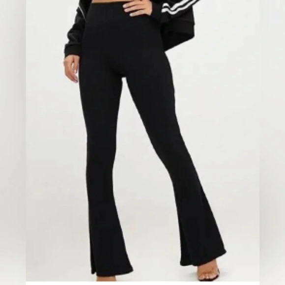 Zara black stretchy ribbed knit flare leg high waisted tights leggings - Picture 1 of 17